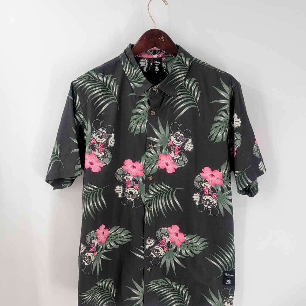 Disney Collection By Neff Mickey Mouse Print Hawaiian Button-Up Shirt Black L